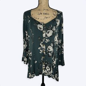 Torrid Fit & Flare Stretch Challis Faux Button Top Sz 2 Green Floral Boho Fall